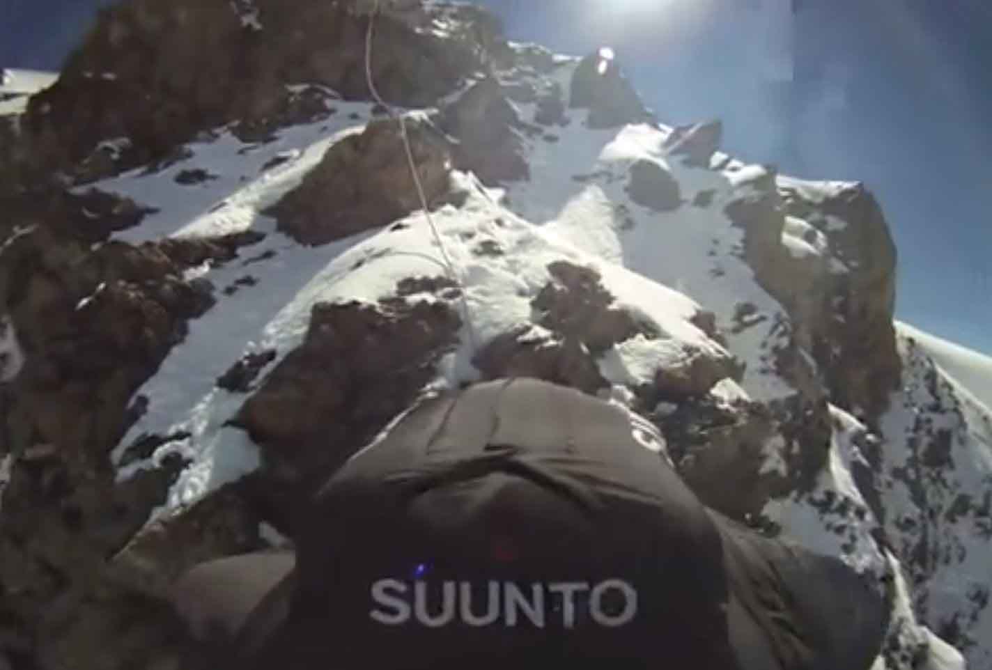 Patrick's Jungfrau jump, the rope is his route to the exit point