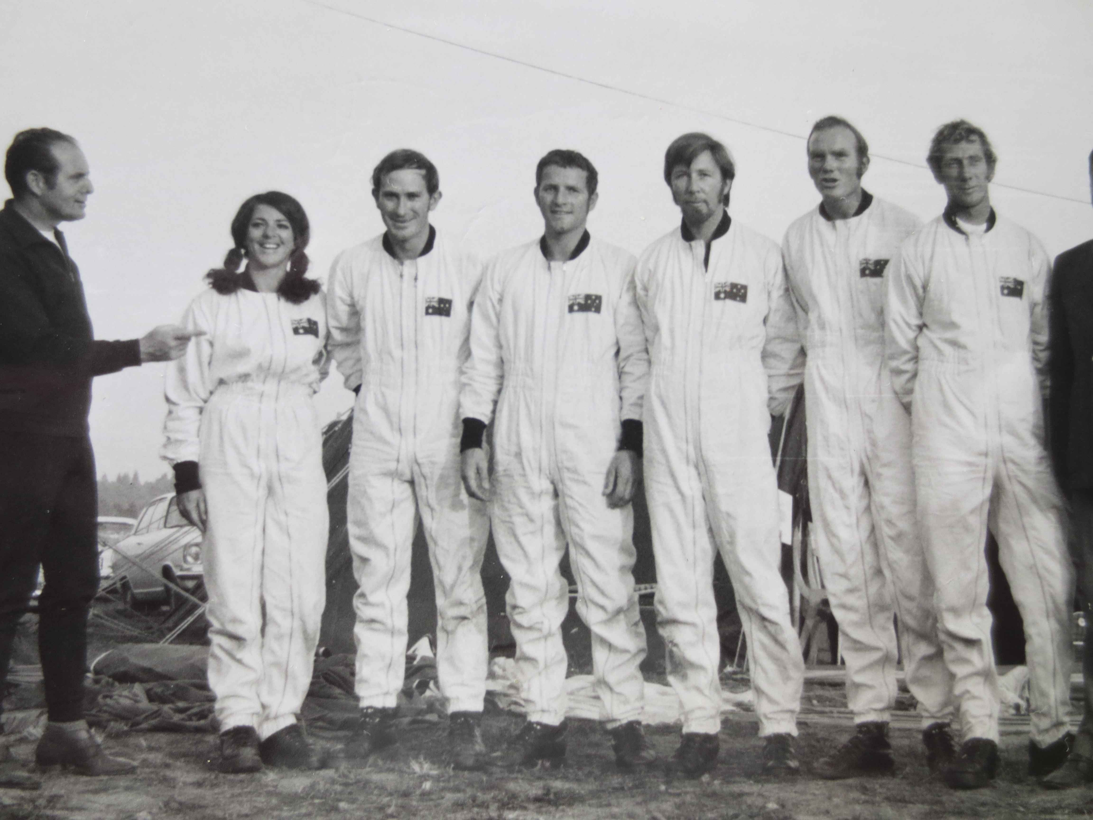 Aussie Style & Accuracy Team. World Championships, Bled, Yugoslavia 1970. L-R. Claude Gillard, Faye Cox, Tony Curl, Jim Cox, Phil Whatmore, Dave McEvoy (age 20), Bob Morrison