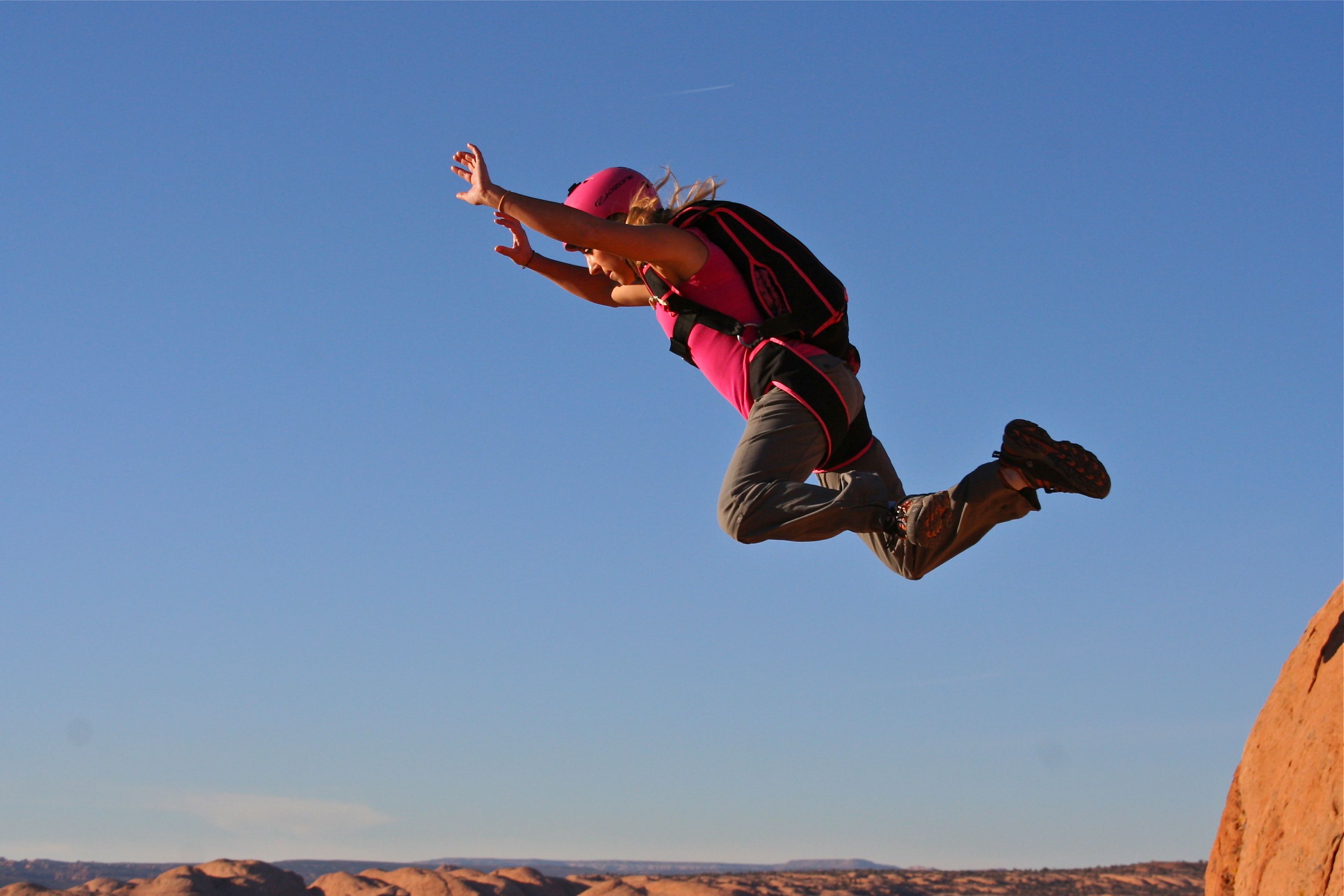 Ellen BASE jumping at Moab, Utah