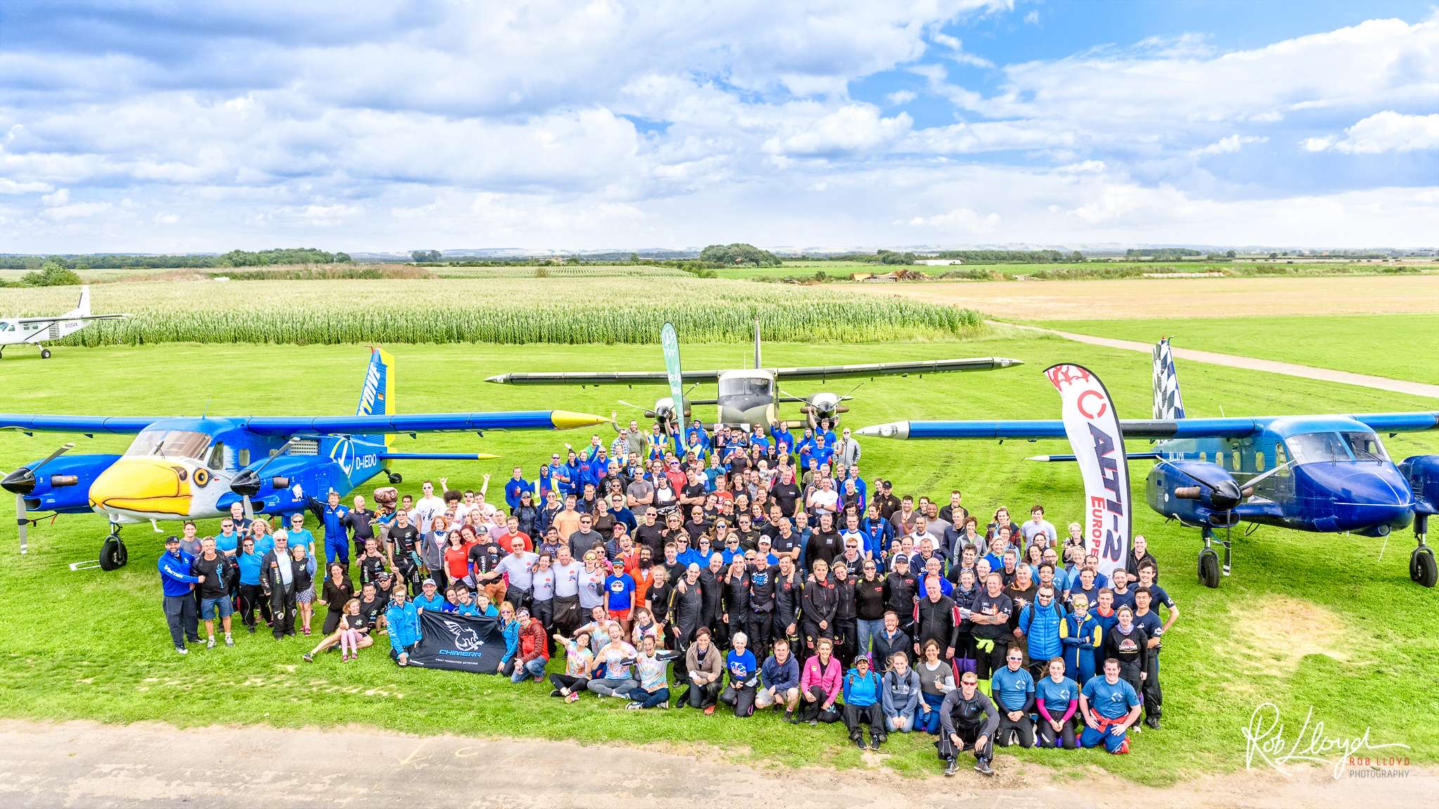 Competitors, judges and Skydive Hibaldstow staff at Uk 4-way Nationals, August 2017