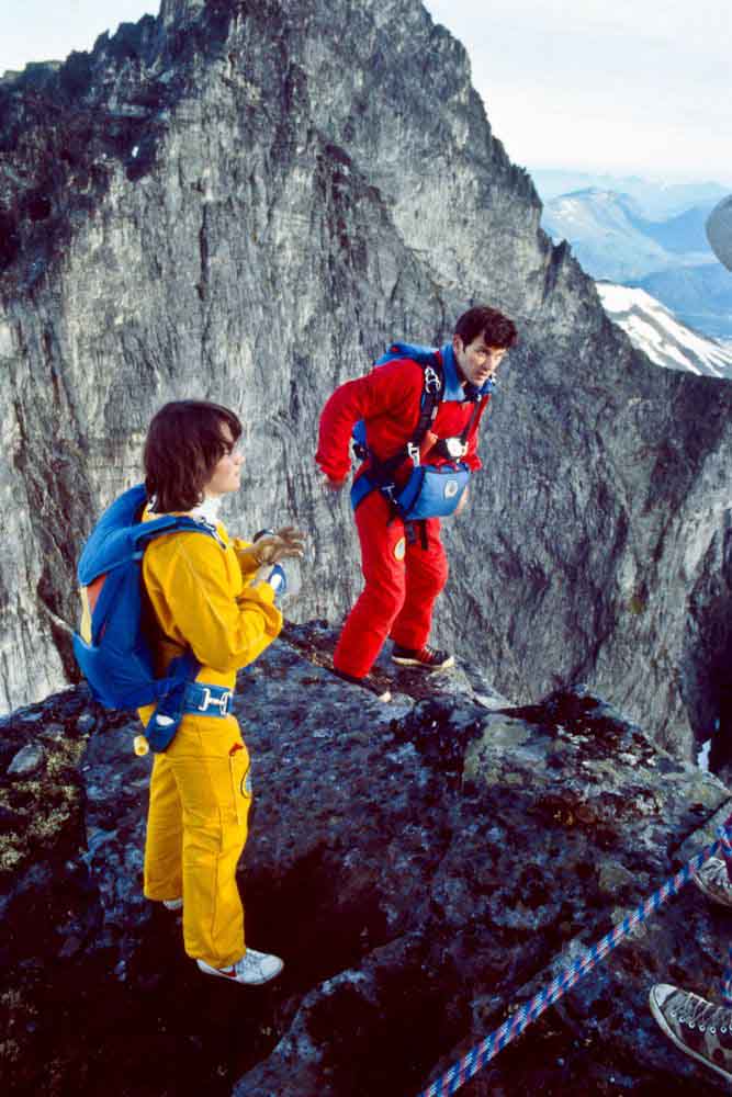 Jean and Carl preparing to jump the Trollveggen, 1984