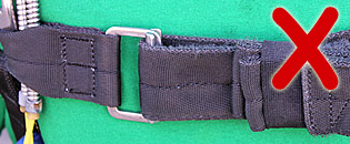 WRONG! – Chest strap needs to pass between the friction adapter and the square ring

